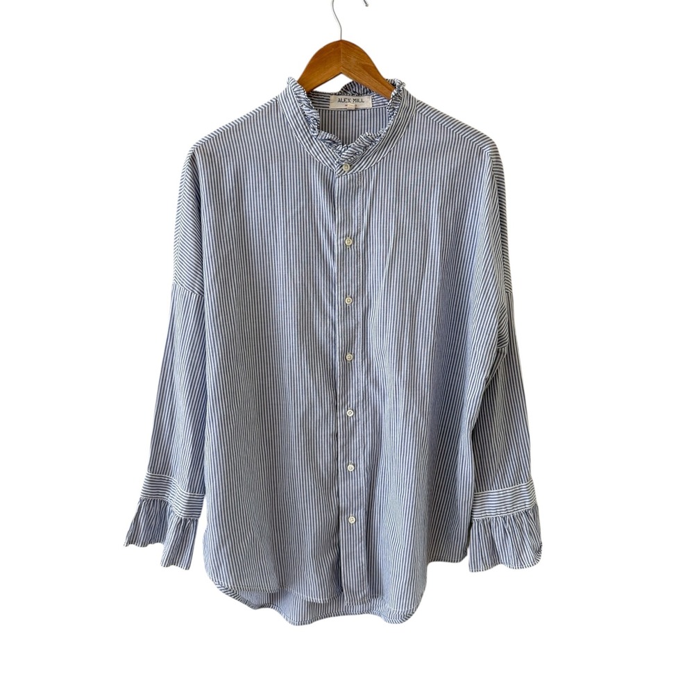 Alex Mill Easy Ruffle Skinny Stripe Shirt Womens XL Navy White Button Up Preppy